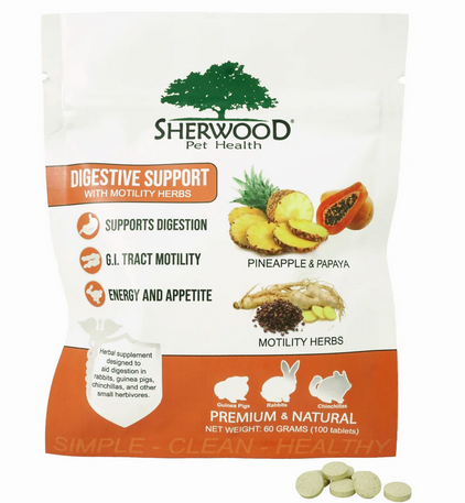 Sherwood Pet Health digestive support supplement packaging with ingredients and benefits listed.