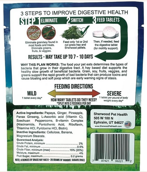 Back of a supplement package for digestive health with text and graphics on a green background.